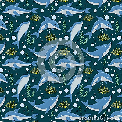 Marine vector pattern with dolphins Vector Illustration